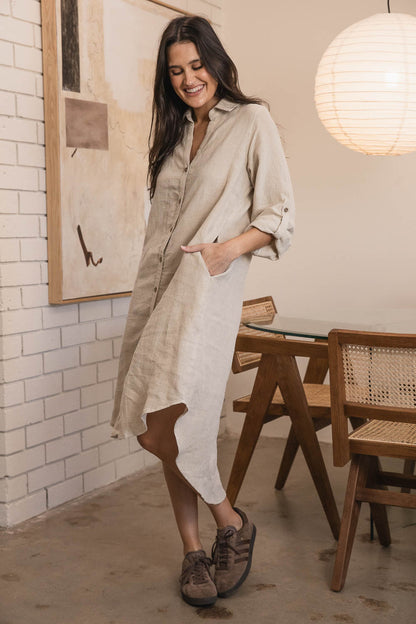 Eadie Lifestyle Linen Shirt Dress in Natural