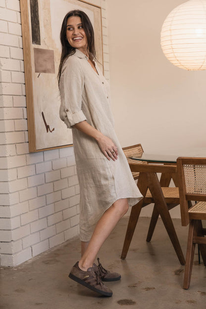 Eadie Lifestyle Linen Shirt Dress in Natural