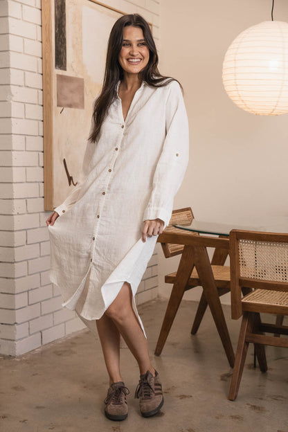 Eadie Lifestyle Linen Shirt Dress in Off White