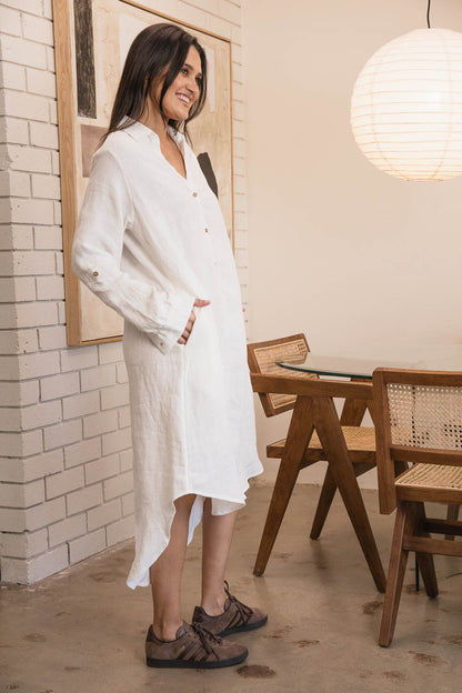 Eadie Lifestyle Linen Shirt Dress in Off White