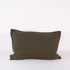 A close-up of a rectangular, textured pillow in an olive green color, with subtle vertical stitching details.