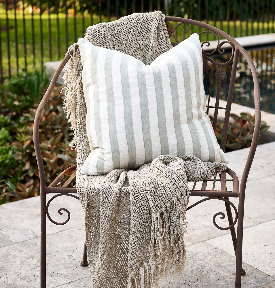 Santi Linen Outdoor Cushion - Off White/Pistachio Stripe 