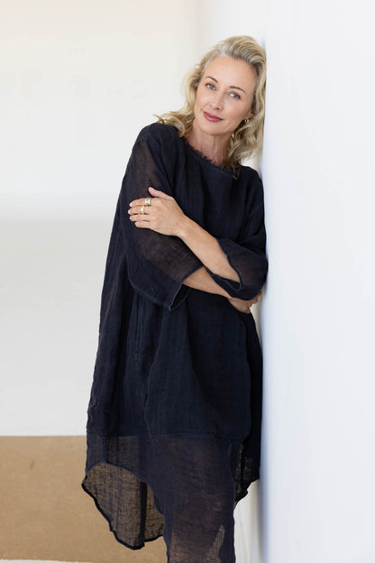 Luxe Malle Linen Dress - Midnight