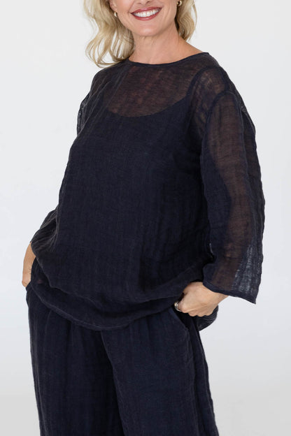 Margot Reversible Linen Top - Midnight