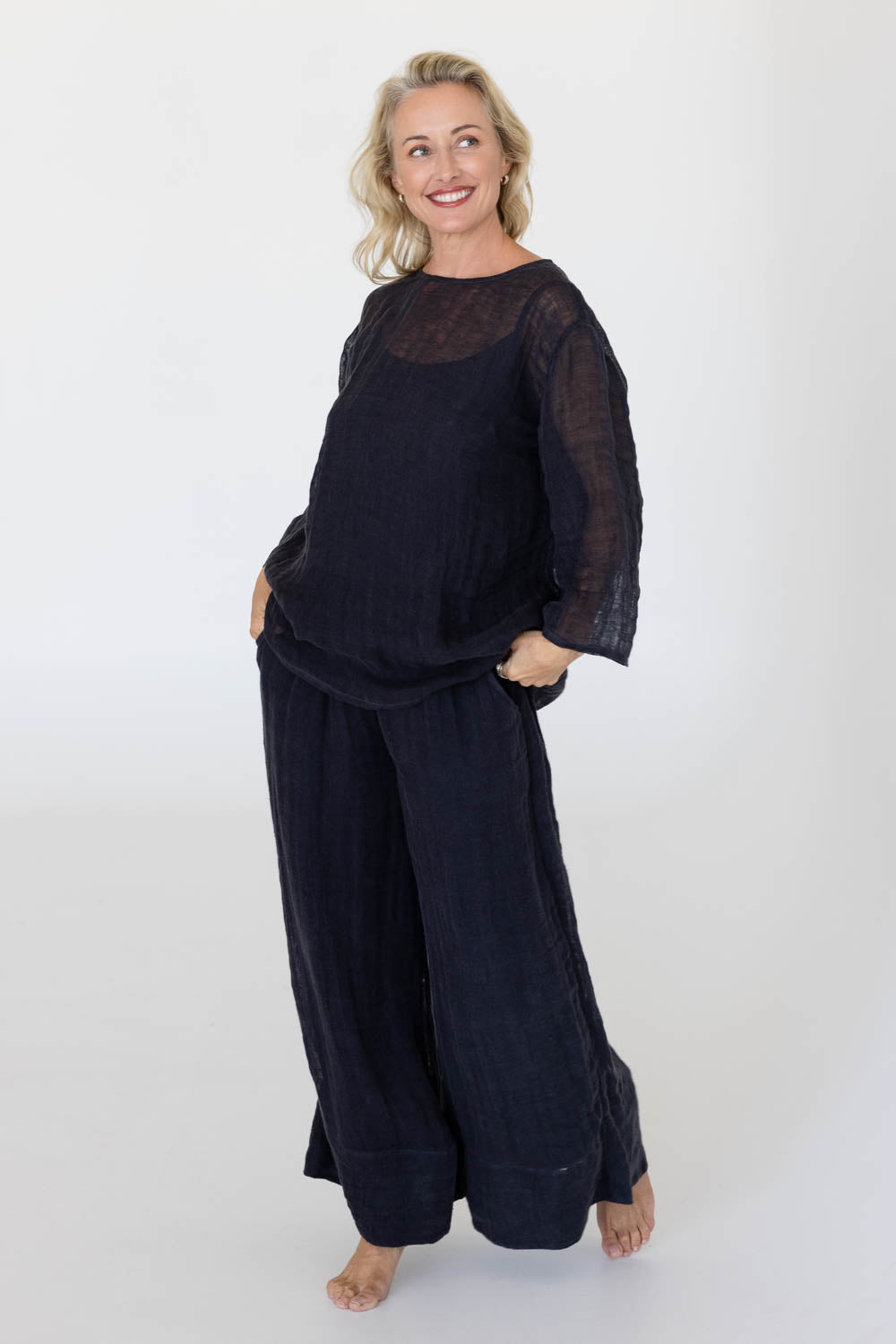 Margot Reversible Linen Top - Midnight