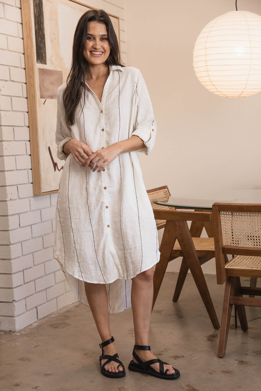 Eadie Lifestyle Linen Shirt Dress in Off White with Charcoal Stripe
