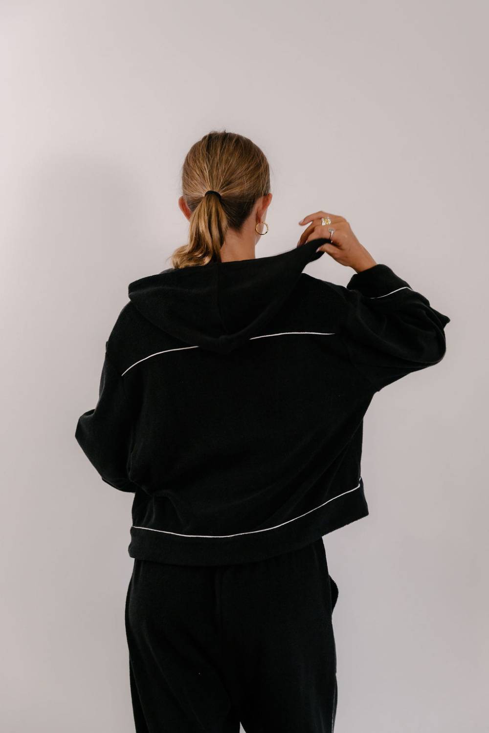Empire Belled Hoodie - Black with White Piping