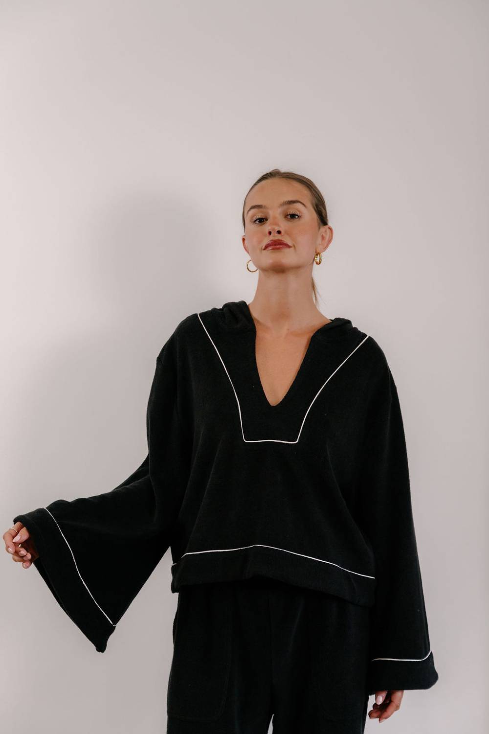 Empire Belled Hoodie - Black with White Piping