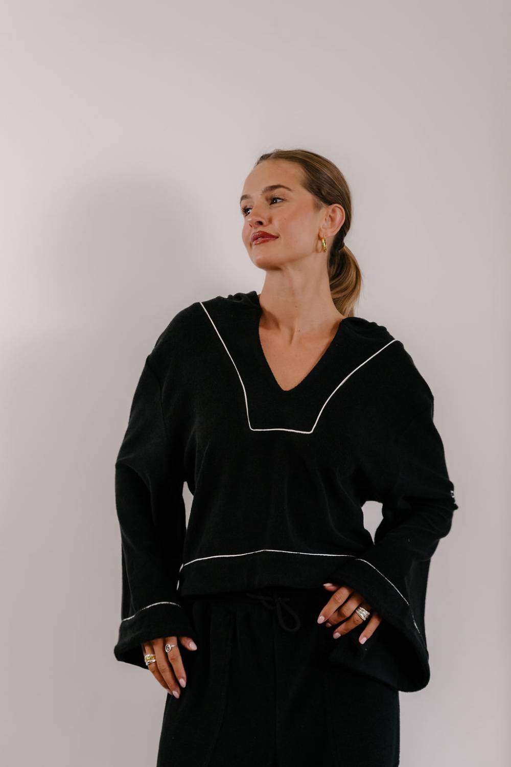 Empire Belled Hoodie - Black with White Piping