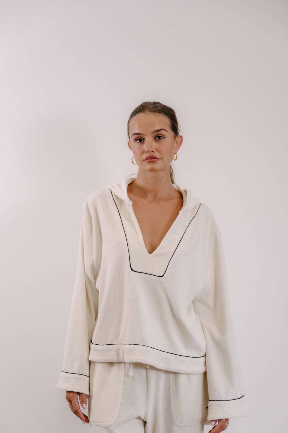 Empire Belled Hoodie - White with Black Piping