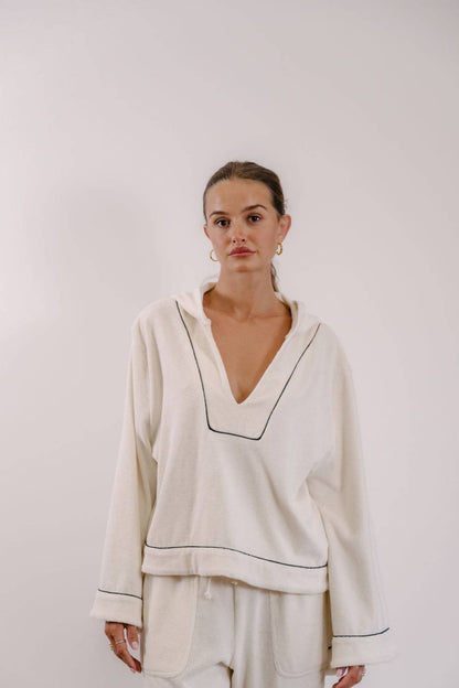 Empire Belled Hoodie - White with Black Piping