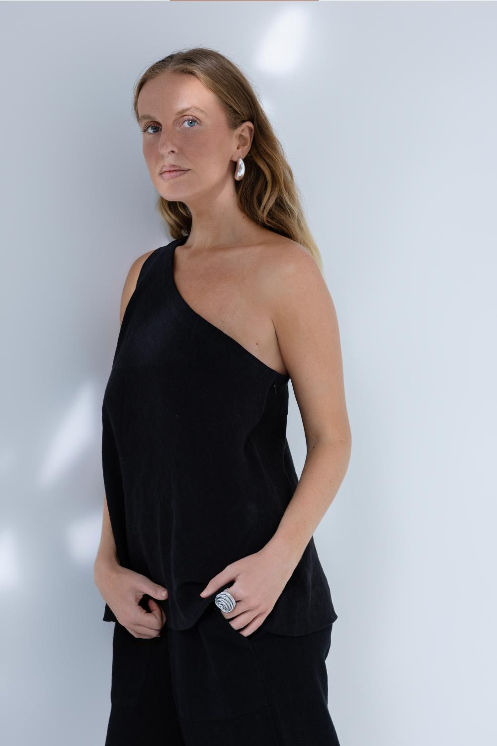 Fundamental Linen One Shoulder Top - Black