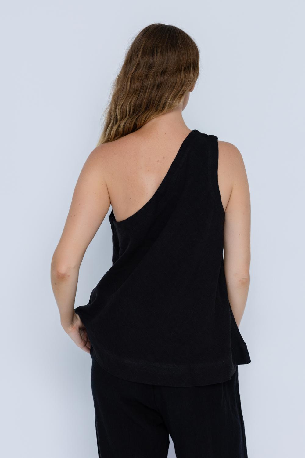 Fundamental Linen One Shoulder Top - Black