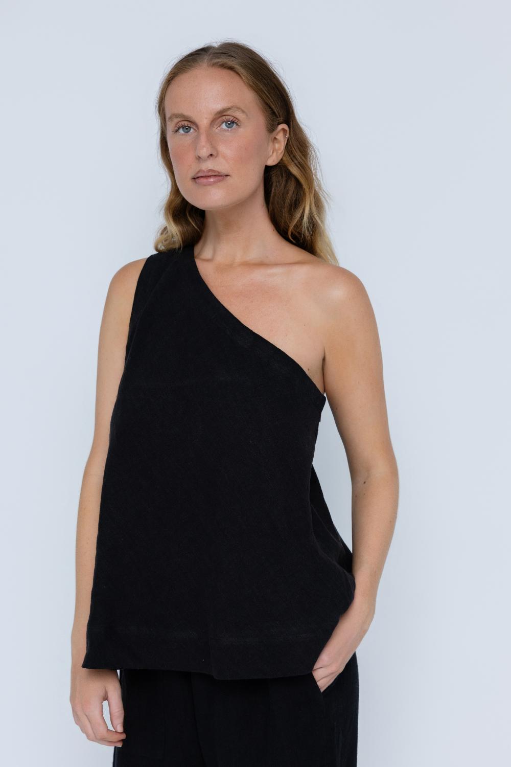 Fundamental Linen One Shoulder Top - Black