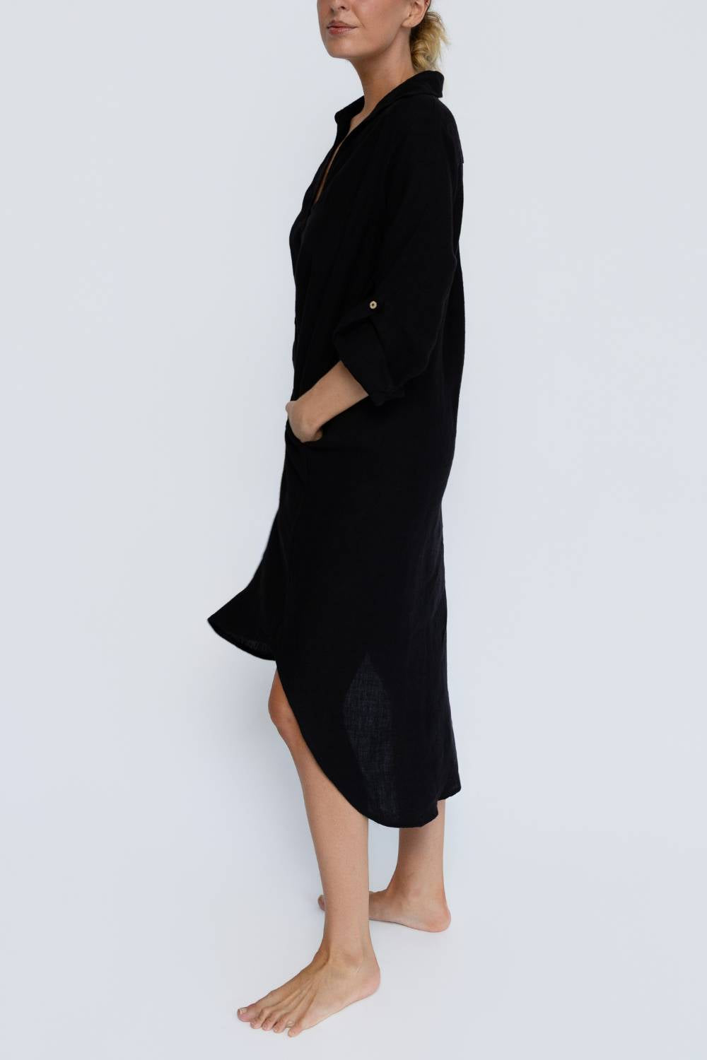 Fundamental Linen Shirt Dress - Black Eadie Lifestyle Fundamental Linen Shirt Dress - Black Eadie Lifestyle