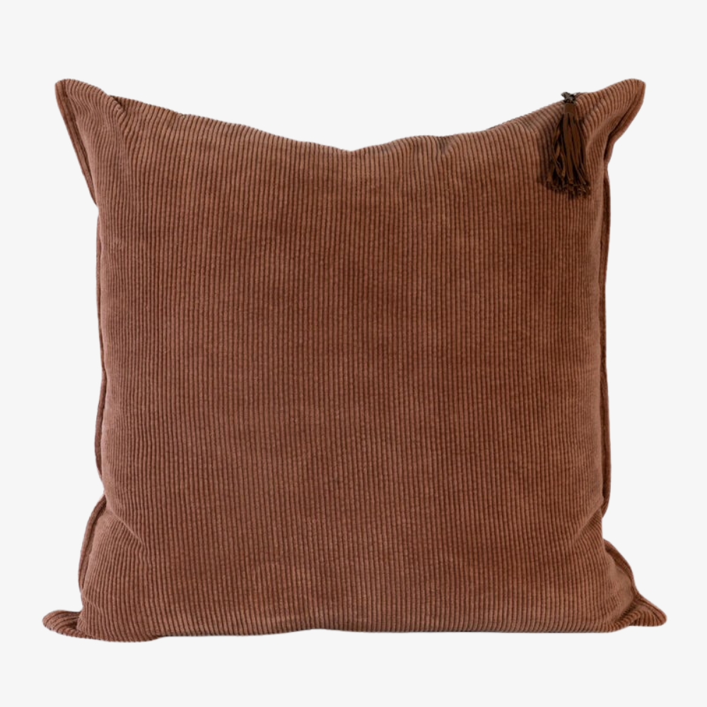 Brown textured corduroy pillow with tassels 