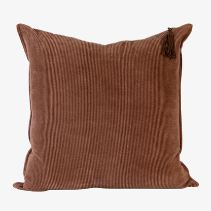 Brown textured corduroy pillow with tassels 