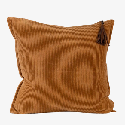 Brown corduroy pillow with a tassel 