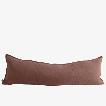 A long rectangular lumbar pillow in a textured brown fabric, shown against a plain white background.