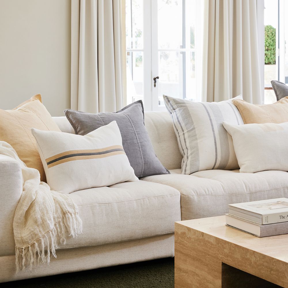 Ribbon Cushion - White/Butter/Grey