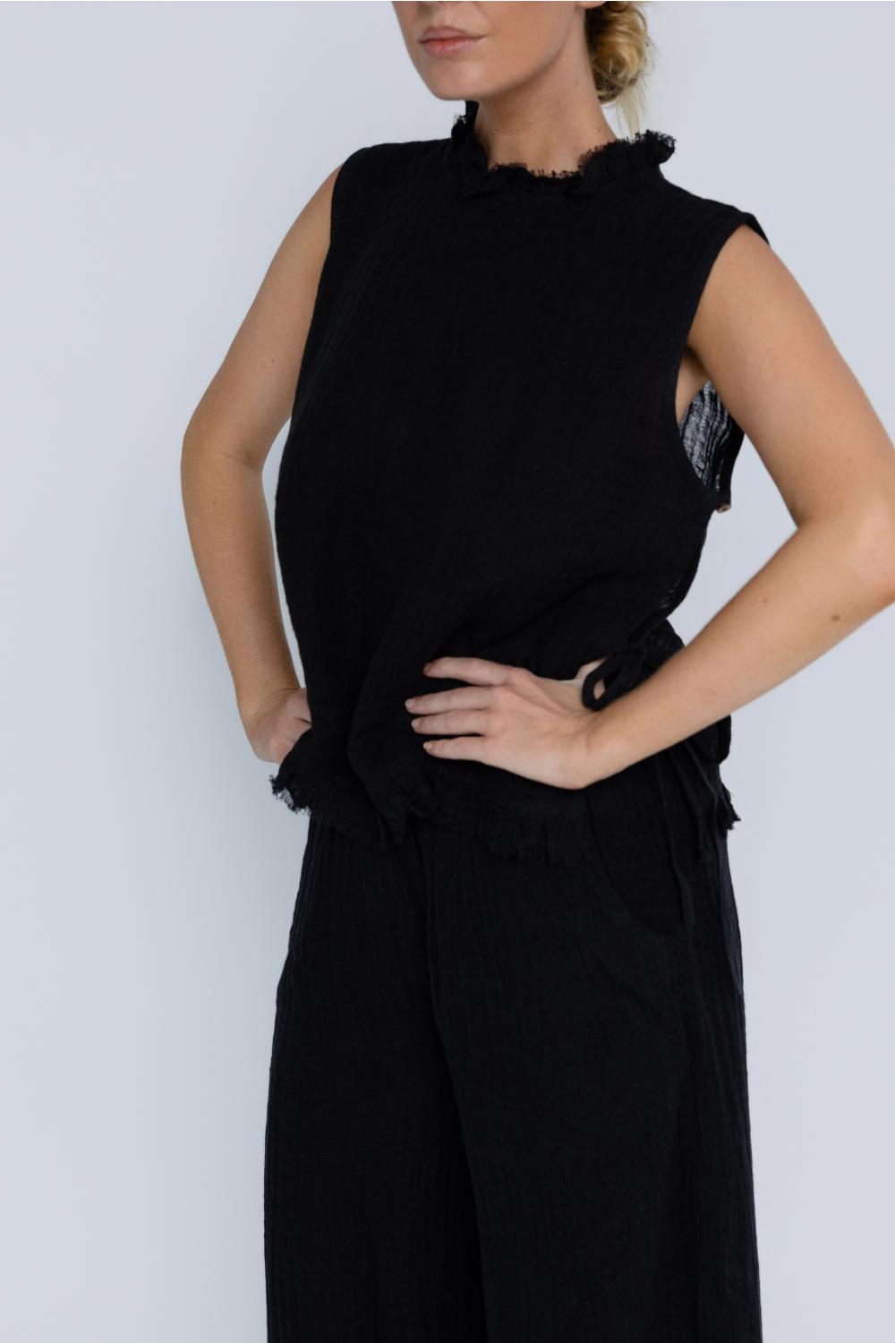 Nadia Linen Top - Black