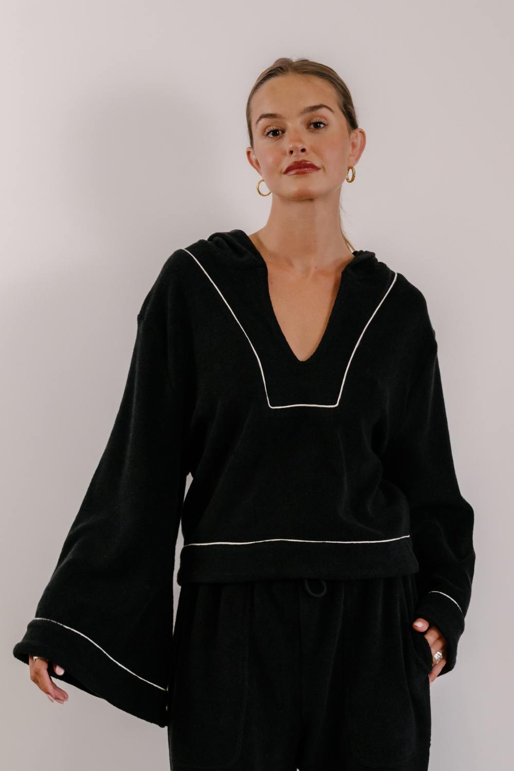 Empire Belled Hoodie - Black with White Piping