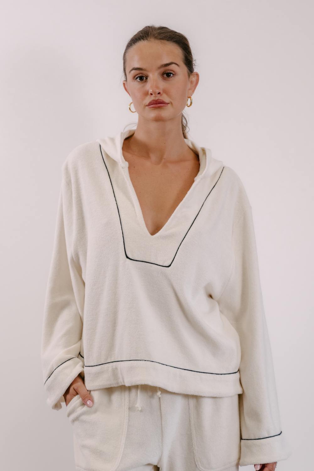 Empire Belled Hoodie - White with Black Piping