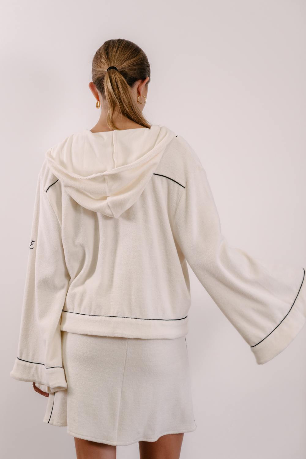 Empire Belled Hoodie - White with Black Piping