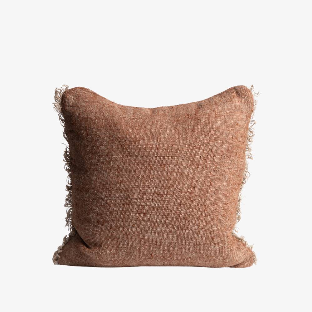 Red / Brown coloured linen cushion with frayed edges by Eadie Lifestyle