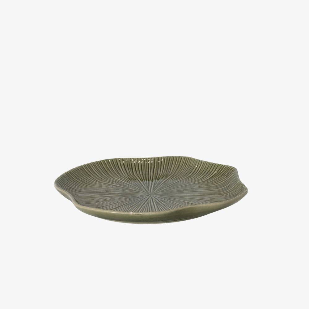 Green ceramic plate with textured design on a white background