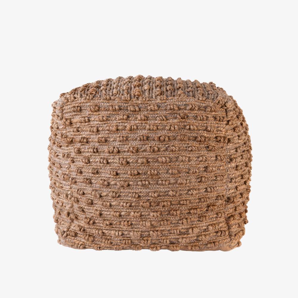 Textured brown cube-shaped ottoman on a light gray background