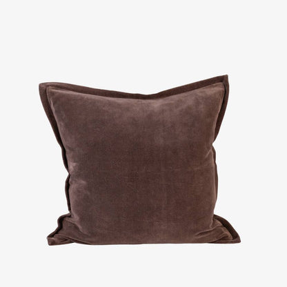 Mink coloured velvet cushion by Eadie Lifestyle on a white background