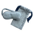 Blue sleep mask with navy strap on a drawstring bag with navy strap on a white background