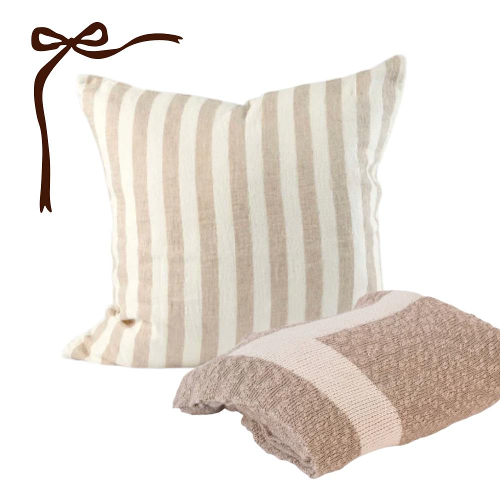 Santi Linen Cushion - Off White/Natural Stripe & Zen Throw