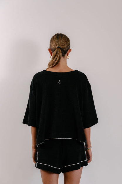 Empire Stepped Tee - Black with White Piping