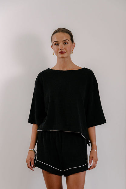 Empire Stepped Tee - Black with White Piping