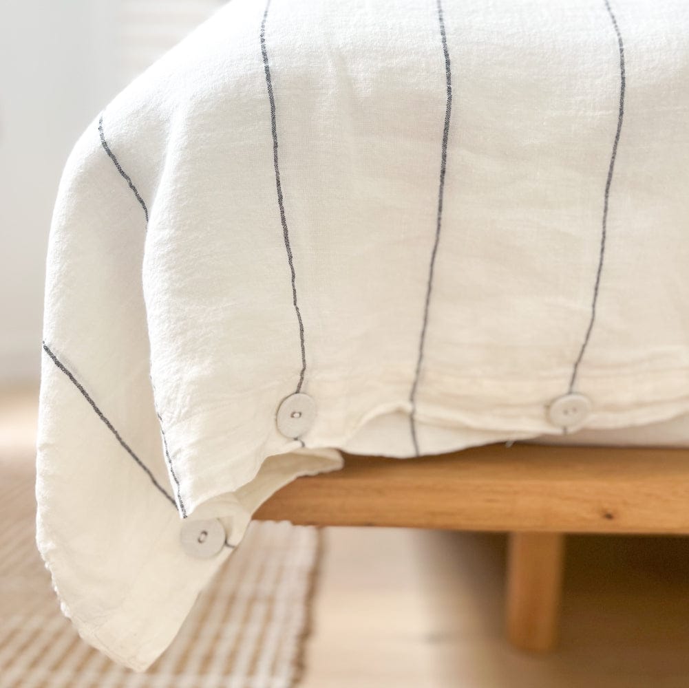 Carter French Linen Duvet Cover w/ Buttons - Off White w' Charcoal Fin ...