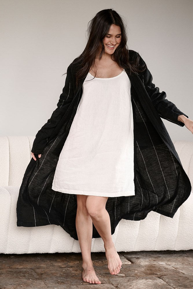 Carter Linen Robe - Black w White Stripe - Eadie Lifestyle