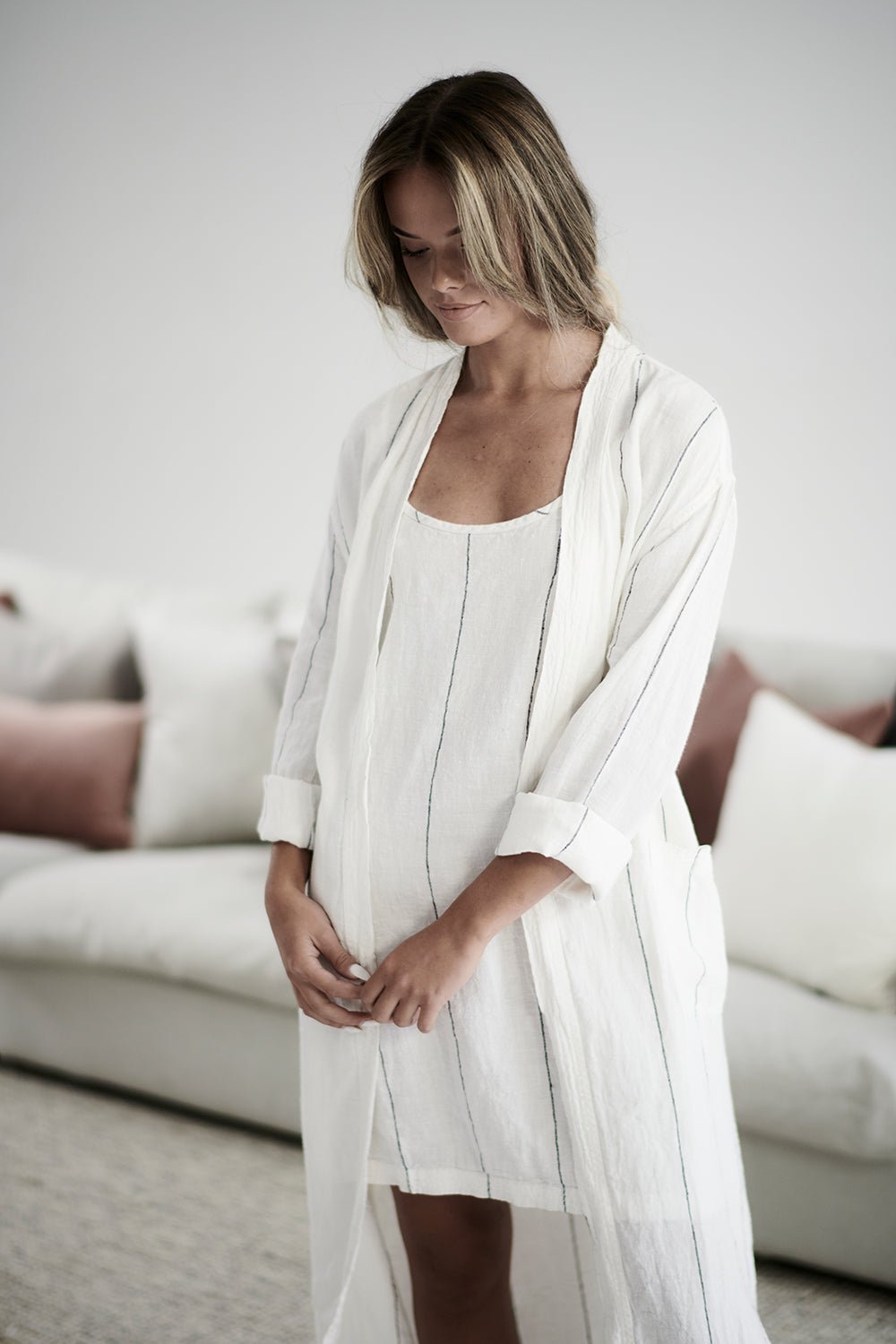 Carter Linen Robe - White w Charcoal Stripe - Eadie Lifestyle