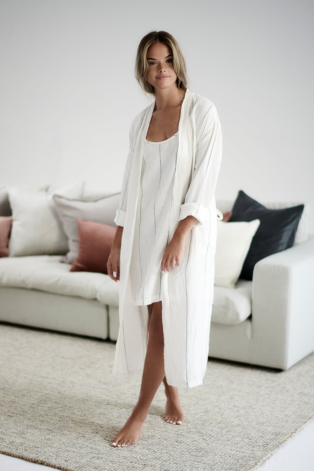 Carter Linen Robe - White w Charcoal Stripe - Eadie Lifestyle