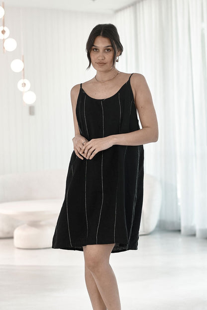 Carter Linen Slip Dress - Black w&