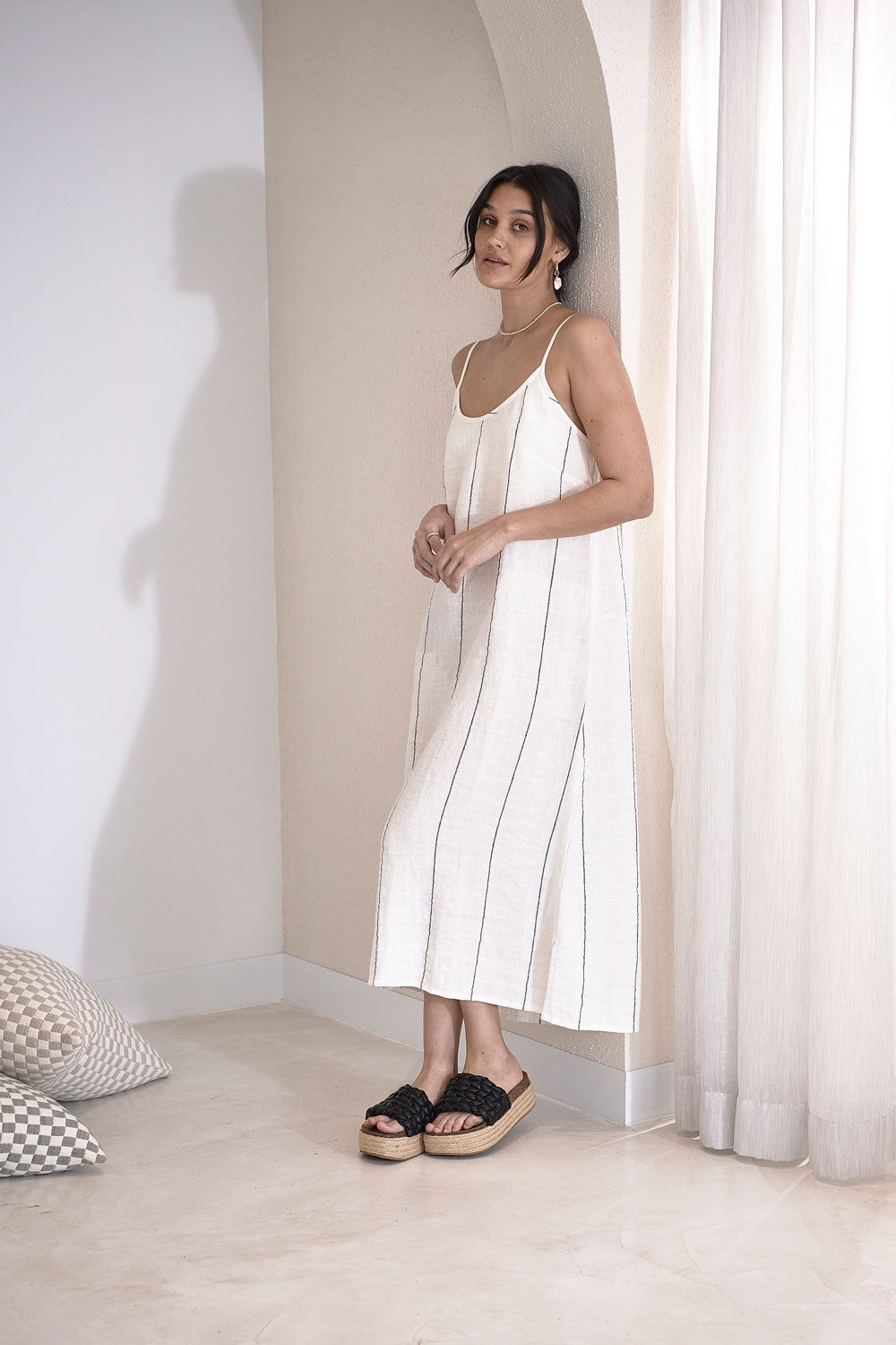 Carter Fundamental Linen Midi - Off White w' Charcoal Fine Stripe Eadie Lifestyle Carter Fundamental Linen Midi - Off White w' Charcoal Fine Stripe Eadie Lifestyle
