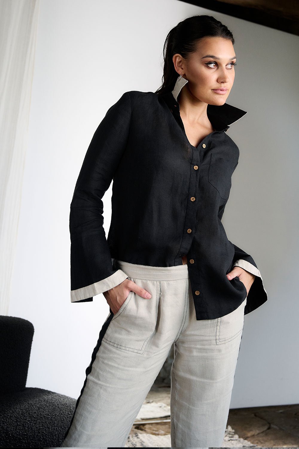 Contraste Linen Shirt - Black - Eadie Lifestyle