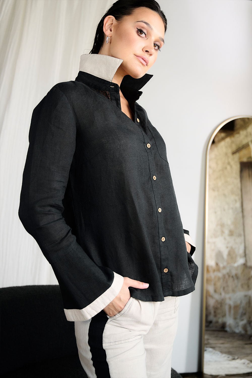 Contraste Linen Shirt - Black - Eadie Lifestyle