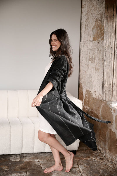 Fundamental Linen Robe - Black w' White Fine Stripe – Eadie Lifestyle