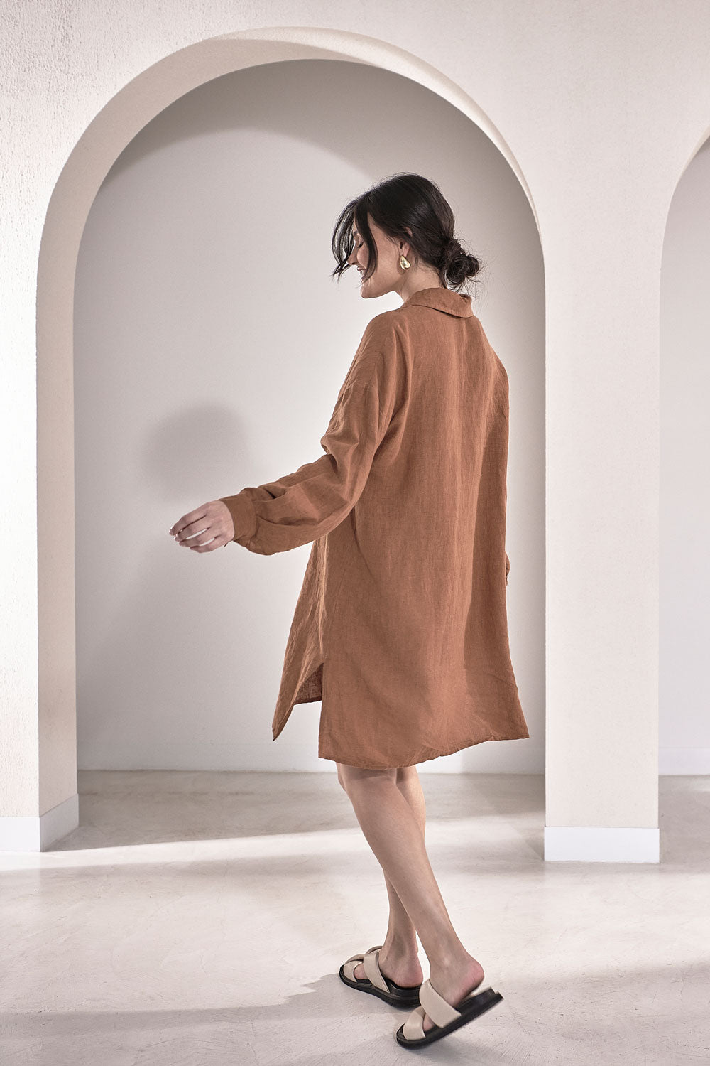 Fundamental Linen Shift Dress - Nutmeg Eadie Lifestyle Fundamental Linen Shift Dress - Nutmeg Eadie Lifestyle