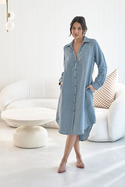 Linen Shirt Dress - Blue - Eadie Lifestyle