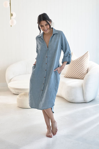 Linen Shirt Dress - Blue - Eadie Lifestyle