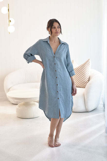 Linen Shirt Dress - Blue - Eadie Lifestyle