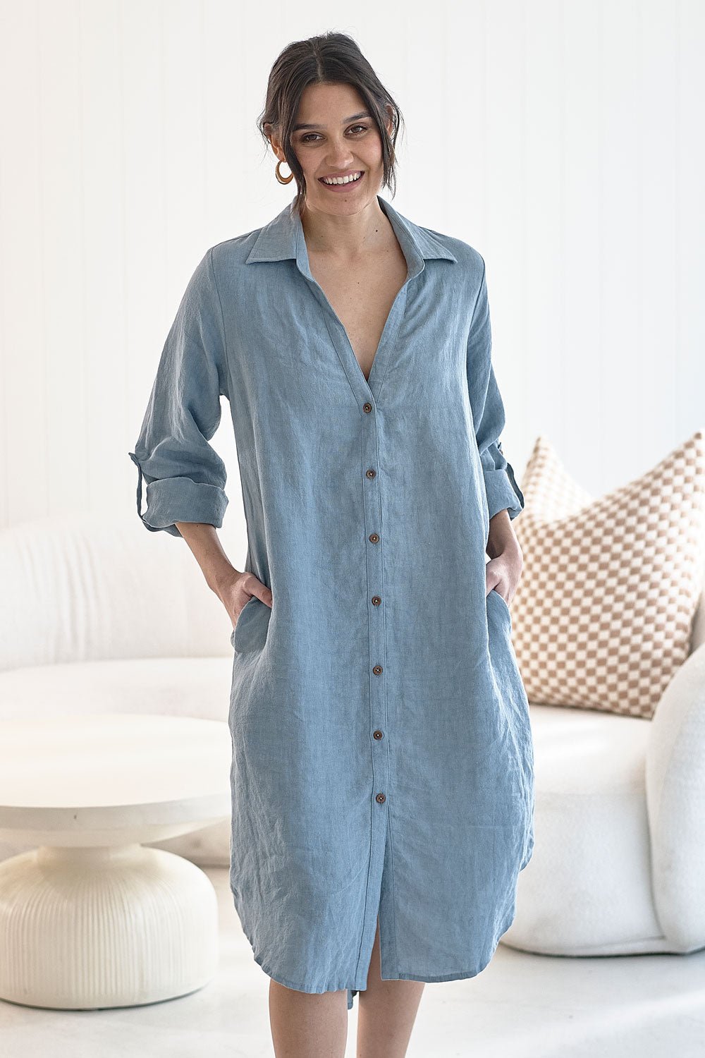 Linen Shirt Dress - Blue - Eadie Lifestyle
